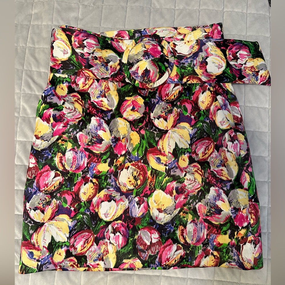 Zara Satin Flower High Waisted Belted Skirt Size XS